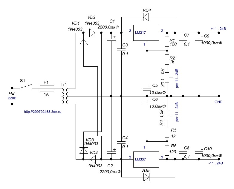 Двухполярное питание схема lm317 Двухполярное питание схема lm317